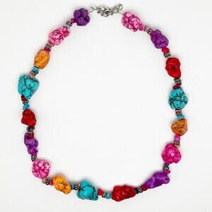 Handmade Rainbow Rock Beaded Necklace Bright Multicolor Hand Crafted Artisan